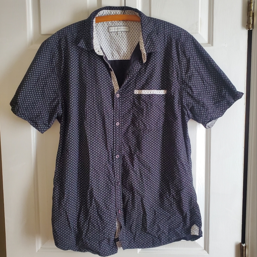 Short Sleeve Button-down Patterned 100% Cotton Shirt pd & c Mens L